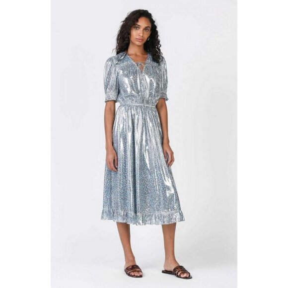 💕CURRENT AIR💕 Metallic Shine Midi Dress Shiny Blue Leopard Print Medium M NWT - Picture 2 of 15